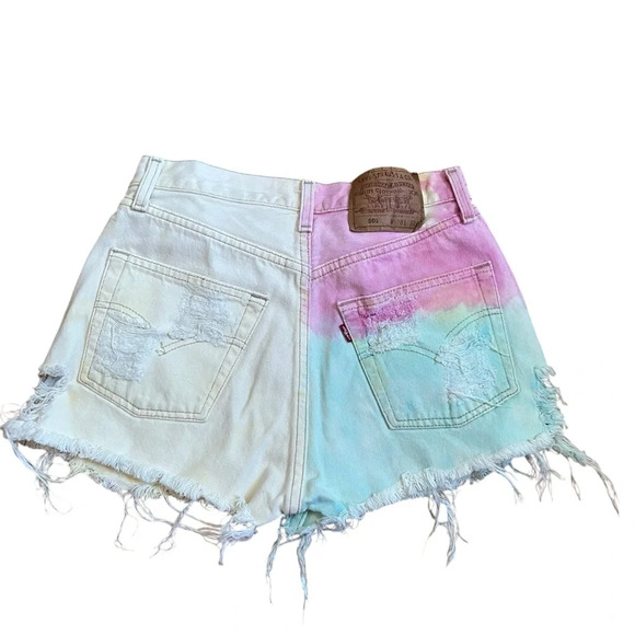 Levis Vintage Tie Dyed Heavy Distressed Bohemian Rainbow High Waisted Shorts - Picture 2 of 3